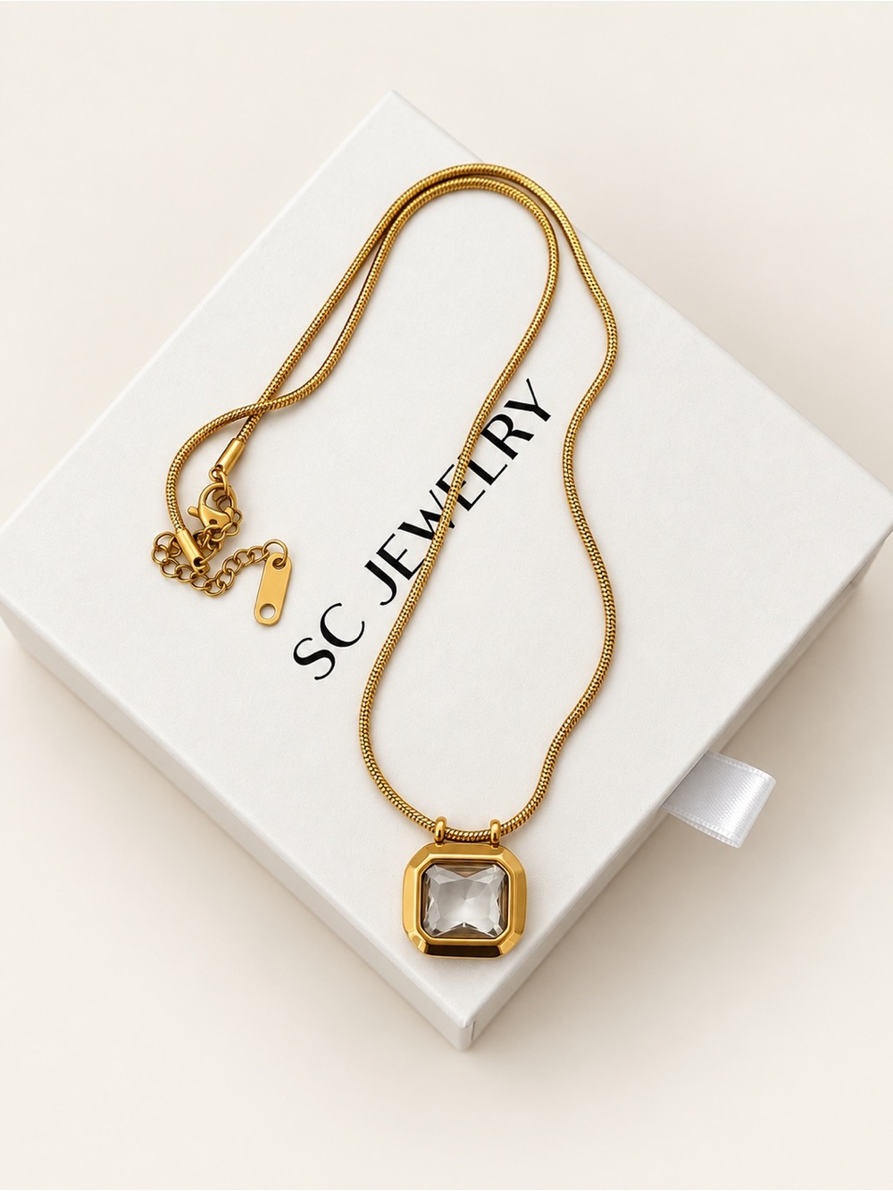 Stainless Steel Snake Chain Square Crystal Pendant Necklace Adjustable